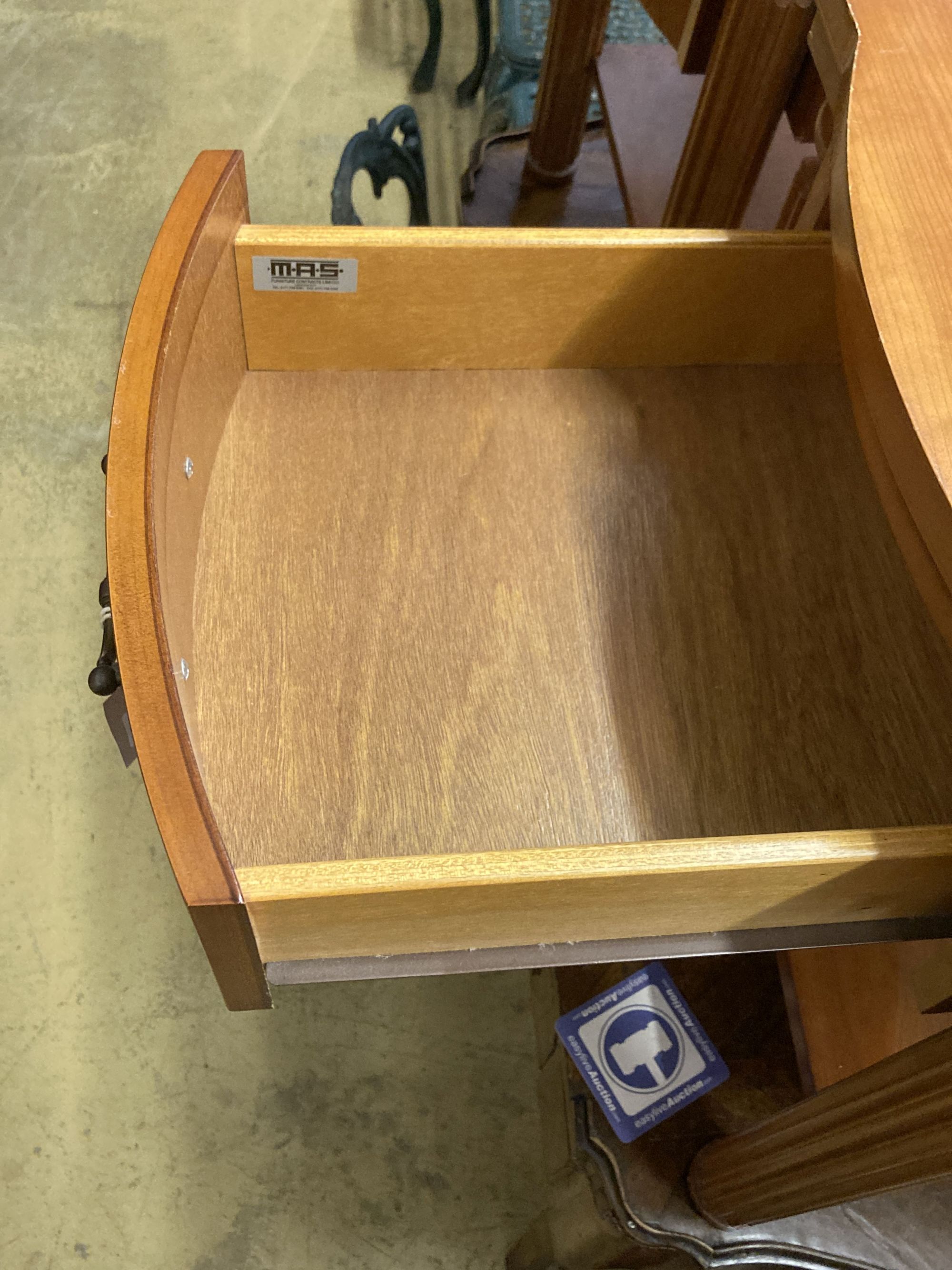 A pair of walnut bowfront two tier bedside tables, width 50cm, depth 50cm, height 61cm